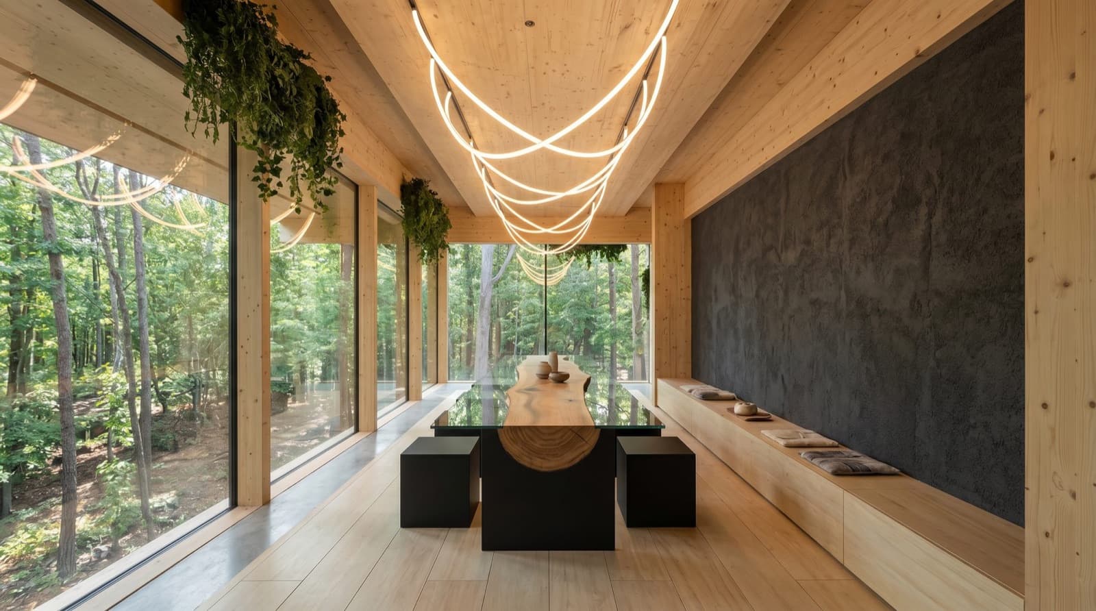 The Log Room — the long table set beneath the timber canopy