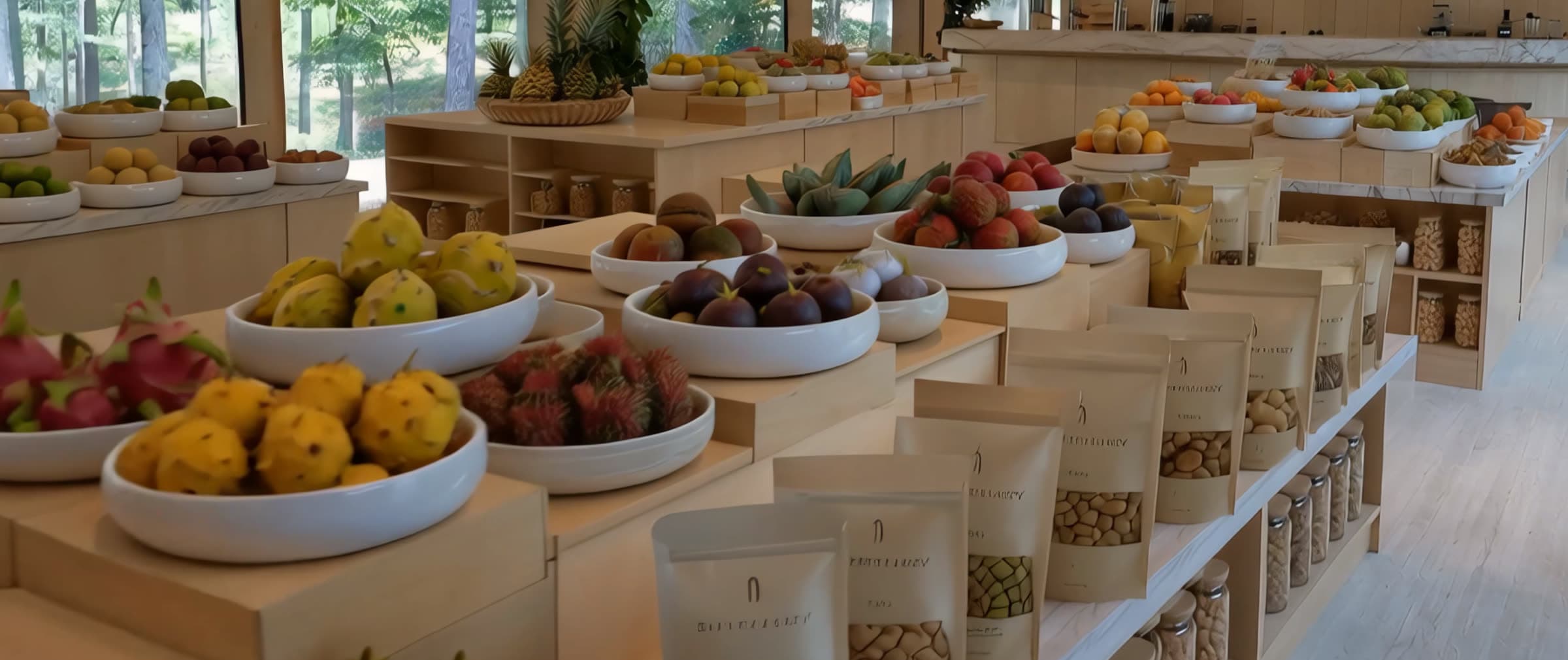 Produce tables in front of the juice bar — bowls of dragon fruit, figs and rambutan, the forest through the glass