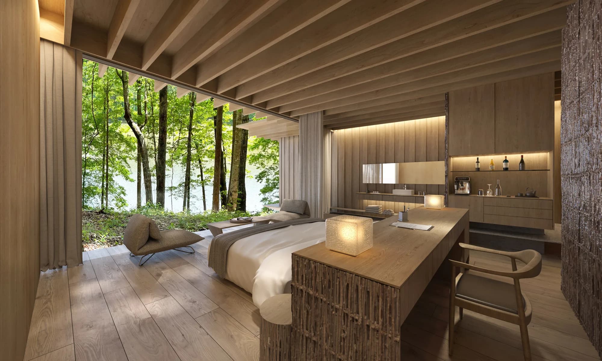 Inside a Sleep Suite: a timber room under exposed joists, glazed the full height of one wall onto beech trunks and water