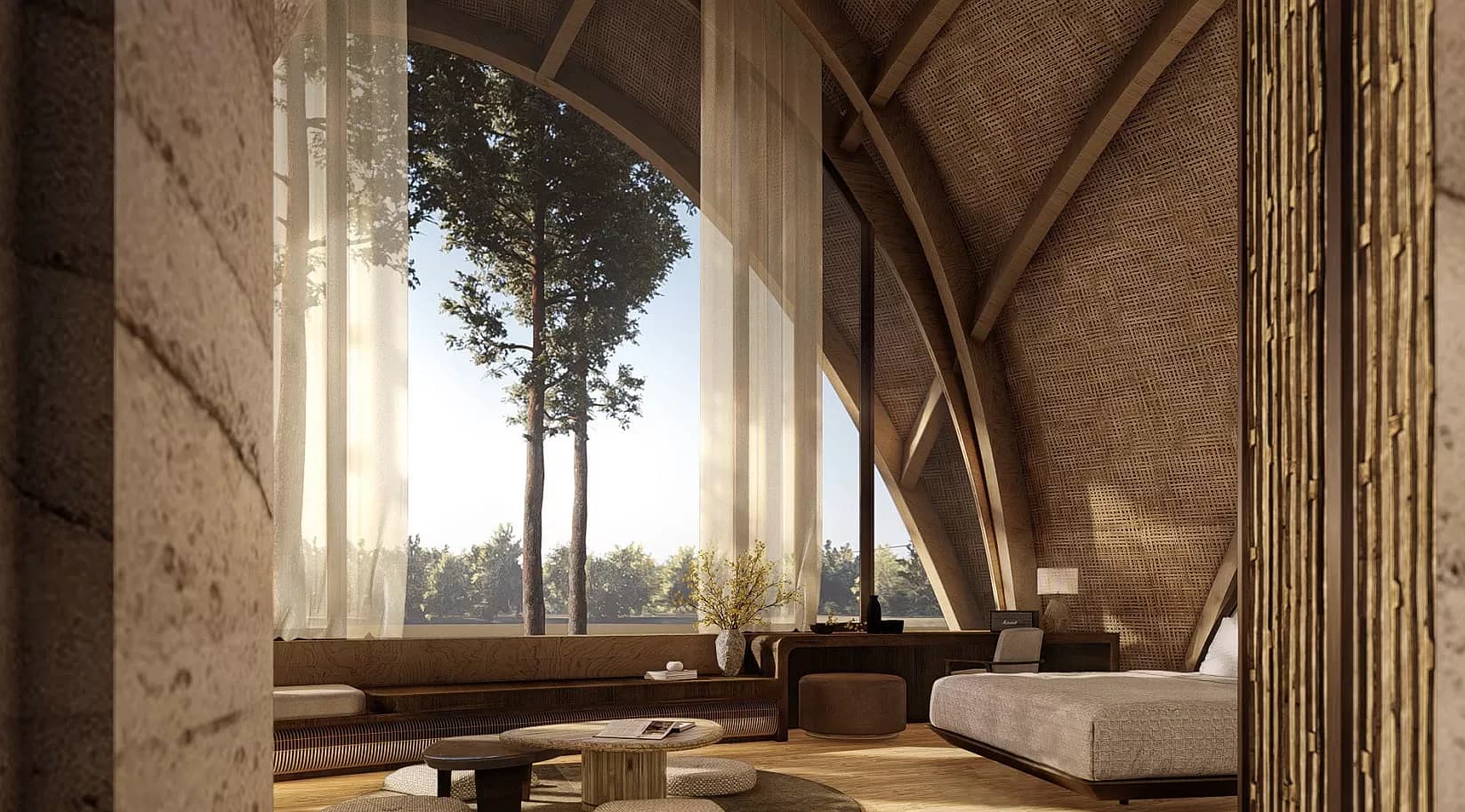 A vaulted timber and rattan room glazed floor to ceiling onto the pines