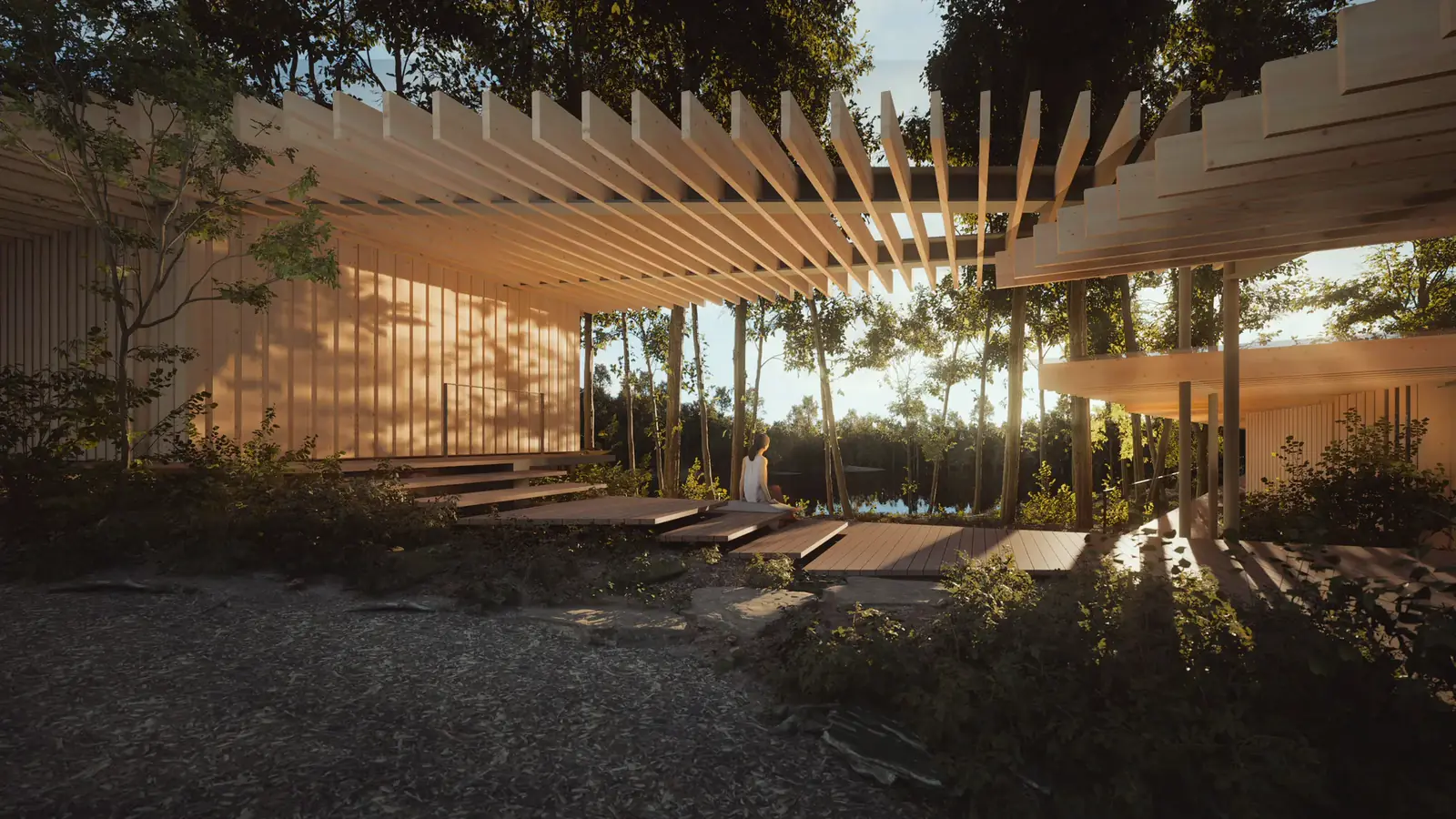 The Lodge common spaces: a long timber louvre roof open to the forest, low sun through the slats